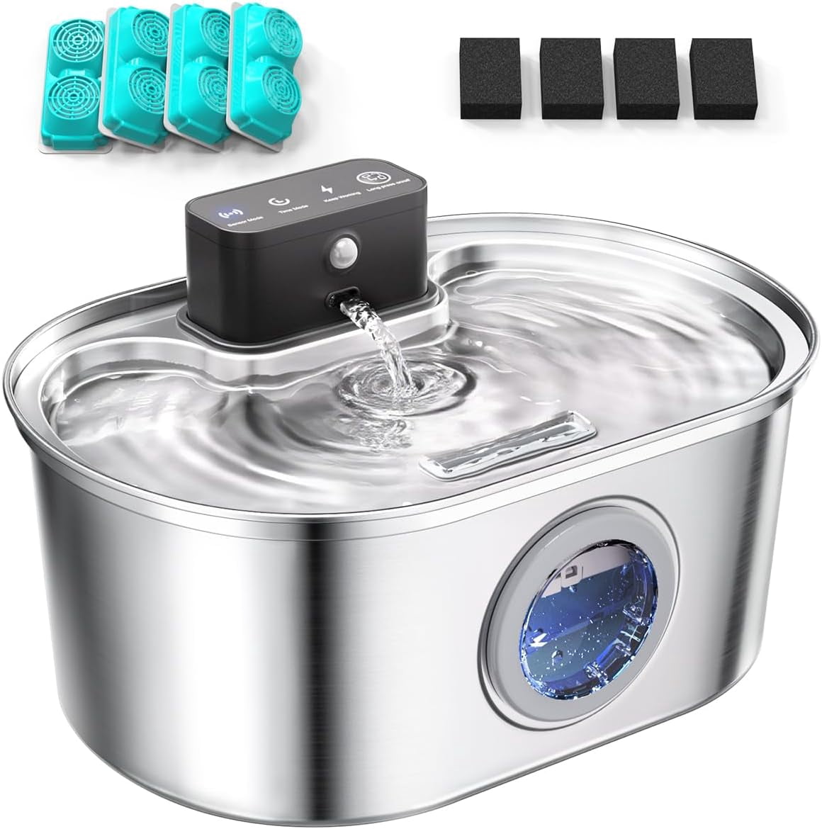 Cat Water Fountain Wireless - Stainless Steel 3.2L/108oz Cordless Pet Fountain - Battery Operated Automatic Water Dispenser for Cats Indoor, with Motion Sensor & Quiet Pump