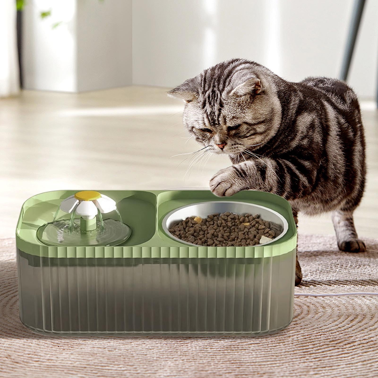 Cat Water Fountain and Food Bowl, Ultra Quiet Pet Water Dispenser with Smart Pump, Automatic Flower Fountain & Stainless Steel Bowl