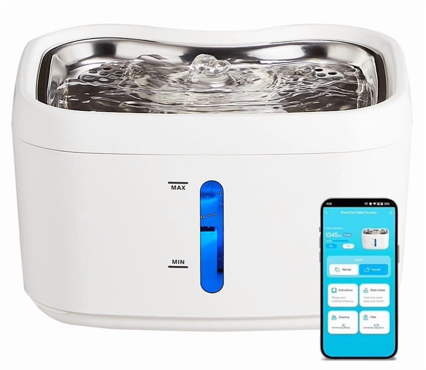 Cat Water Fountain with APP Wireless Connected 84oz/2.5L Automatic Pet Water Fountain with Stainless Steel Tray Weight Sensor