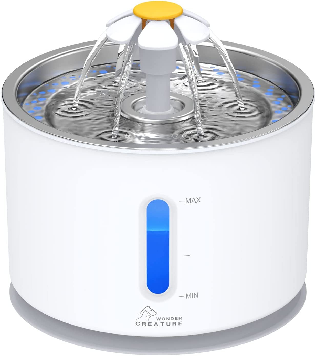 Cat Water Fountain with Stainless Steel Lid, 2.4L/81oz Automatic Cat Fountain with LED Light and Water Level Window for Cats and Dogs