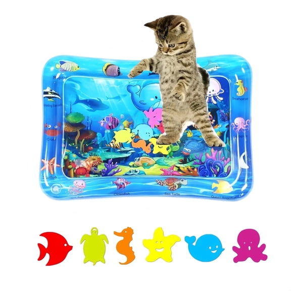 Cat Water Mat, 26" x 18" Upgraded Thickened Unbreakable Sensory Water Mat, Splash Play Mat for Cats & Dogs, Perfect for Summer Heat Relief & Play-Blue