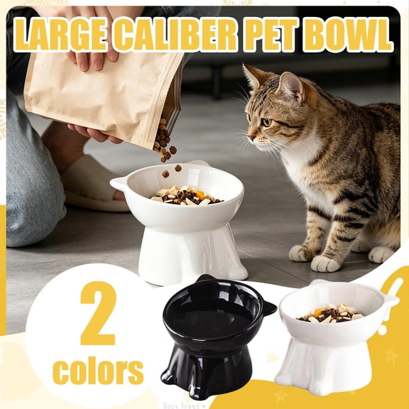 Cat and Water Sculpted Piece, Ceramic Cat Bowls, Cat Bowls for Indoor Cats, Cat Feeding & Watering Supplies, White Slanted 5X5X4.5 Inch Pet Dish, Ergonomic Tilted Opening Prevents
