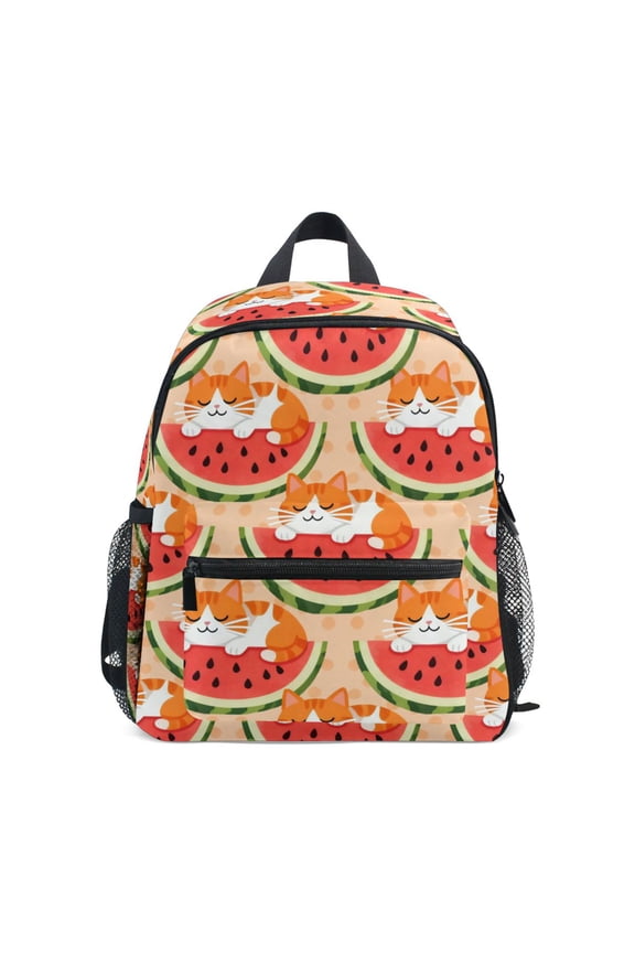Cat Watermelon Pattern Mini Backpack Cute Small Backpack with Chest Strap and Whistle Ages 3-8