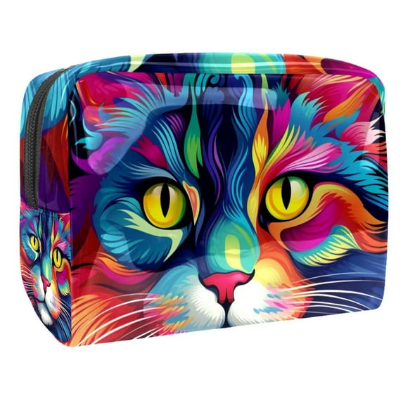 Cat Waterproof PVC Cosmetic Travel Bag with Zipper, Lightweight, Large Capacity, Printed Design - Travel Pouch, Train Case Makeup Box, Toiletry Bag for Men - for Ladies and Girls on the Go