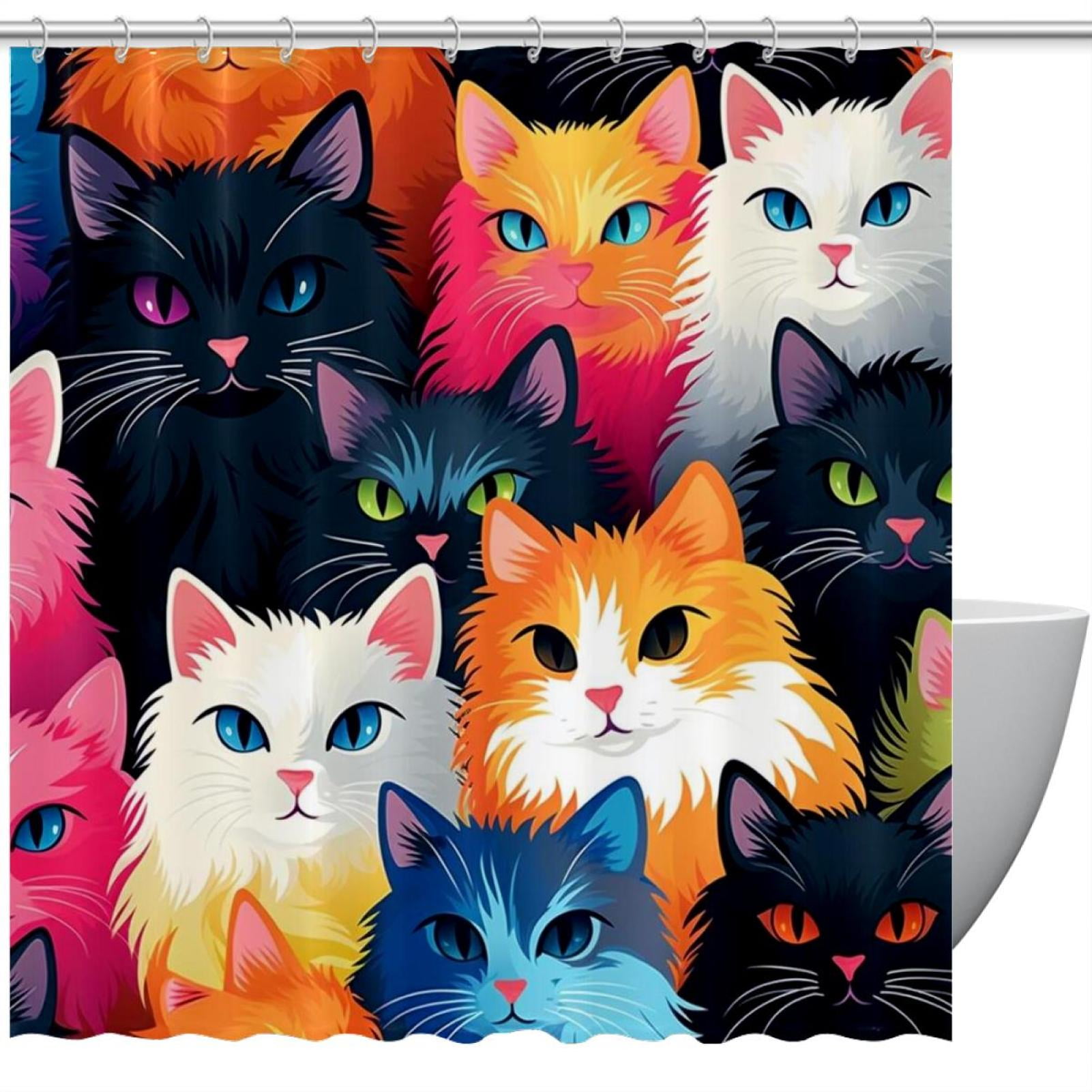 Cat Waterproof Printed Shower Curtain Set with Hooks for Bathroom