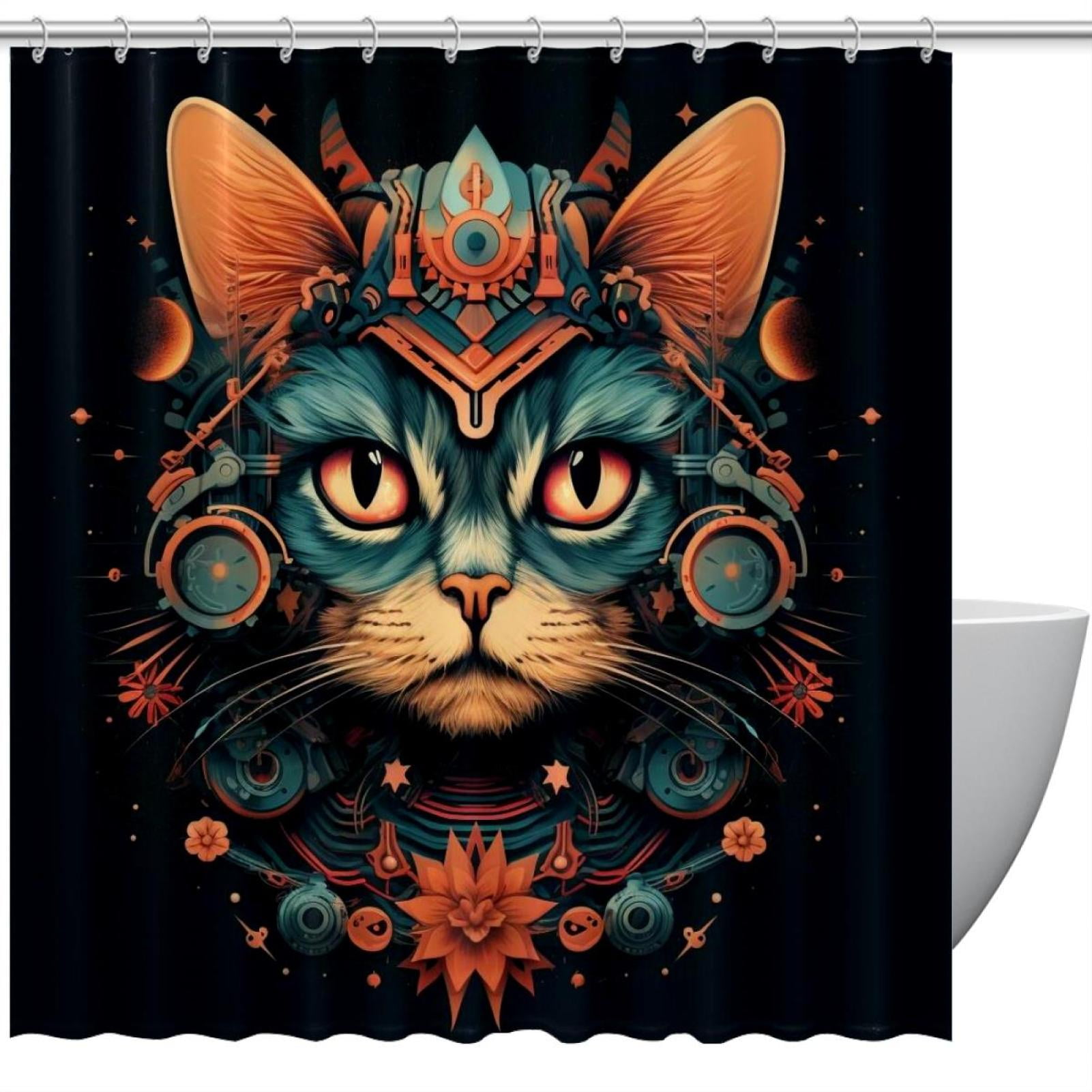 Cat Waterproof Shower Curtain Set with Hooks Printed Bathroom