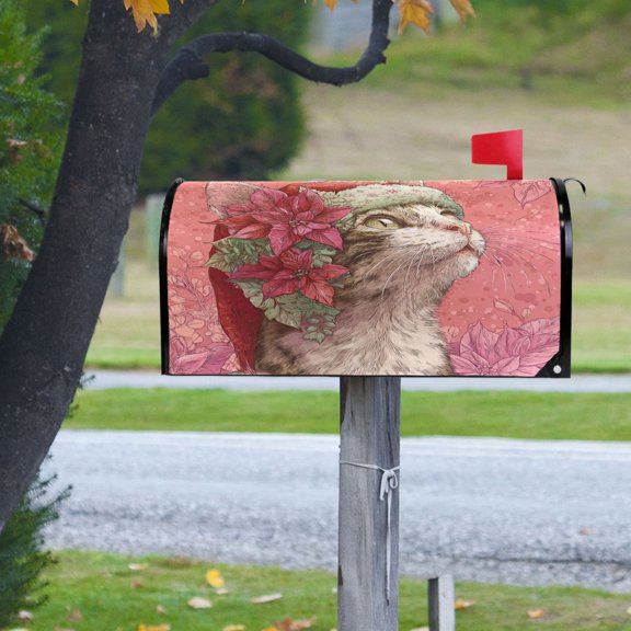 Cat Wear Christmas Hat with Poinsettia Flowers Magnetic Mailbox Cover Rust Protection Yard Decor 20.7" x 18.03"