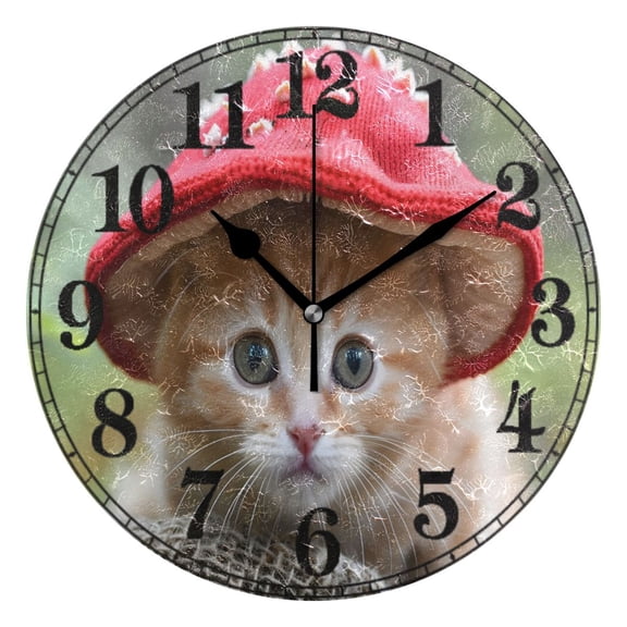 Cat Wear Mushroom Hat Silent Wall Clock 10" Non-Ticking Battery Clock