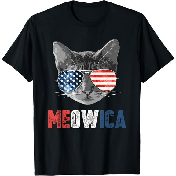 Cat Wearing Glasses 4th of July Shirt Meowica American Flag Cat Vintage T-shirt