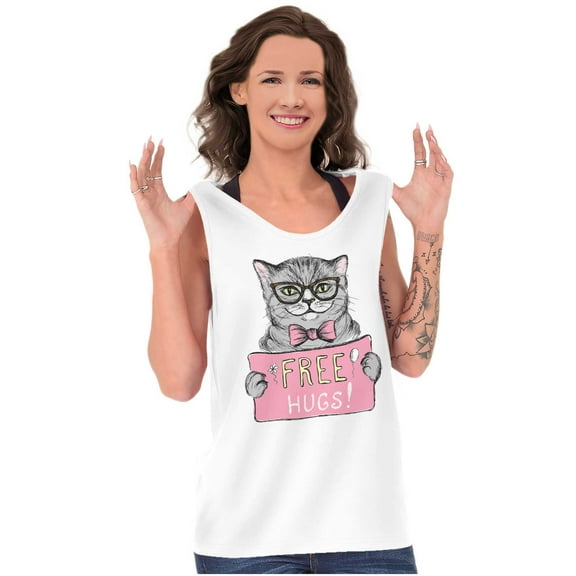 Cat Wearing Glasses Bowtie Free Hugs Tank Top Tee Shirt Women Brisco Brands S