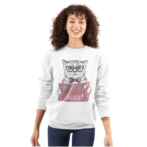 Cat Wearing Glasses Bowtie Free Hugs Women Crewneck Sweatshirt Brisco Brands S