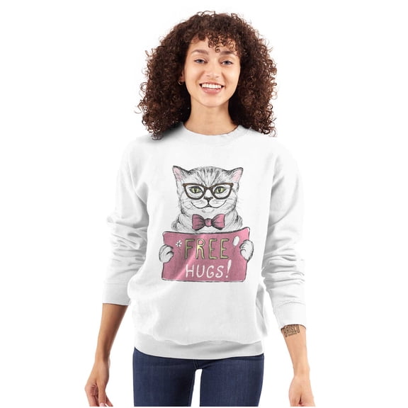 Cat Wearing Glasses Bowtie Free Hugs Women Plus Size Crewneck Sweatshirt Brisco Brands 3X