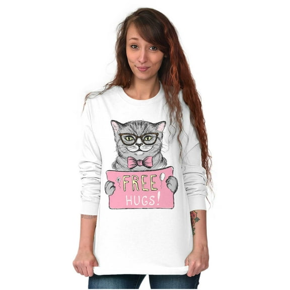 Cat Wearing Glasses Bowtie Free Hugs Women's Long Sleeve T Shirt Brisco Brands S