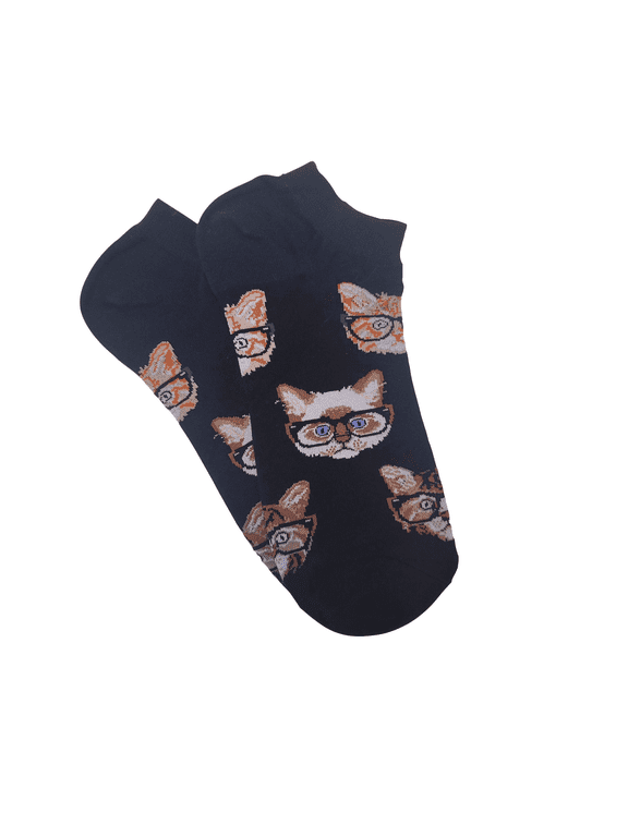 Cat Wearing Glasses Patterned Ankle Socks (Adult Large - Men's Shoe Sizes 8-12)