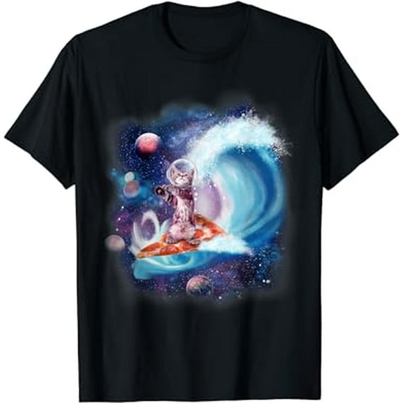 Cat Wearing Helmet Surfing On Pizza Surfboard Funny T-Shirt