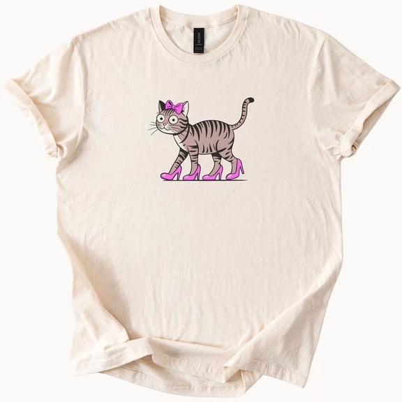 Cat Wearing Pink High Heels Cartoon Graphic Cute Kitty T Shirt Size S-5Xl Heygategoo Tee
