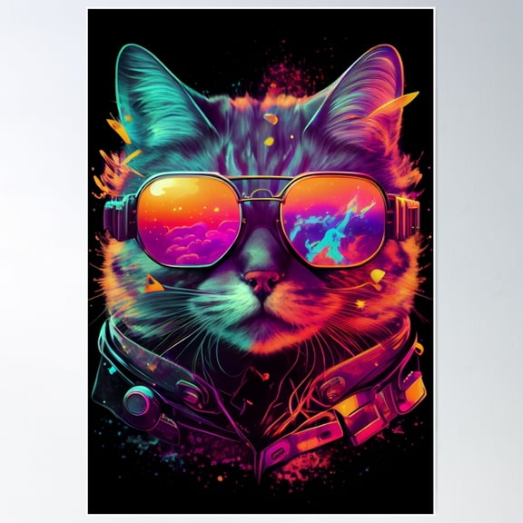 Cat Wearing Sunglasses. Vr Videogame Experience In 80'S Synth Wave And Retro Vaporwave Futuristic Aesthetics Poster Wall Art, Modern Wall Decor For Living Room Bedroom, 8x12 UNFRAMED