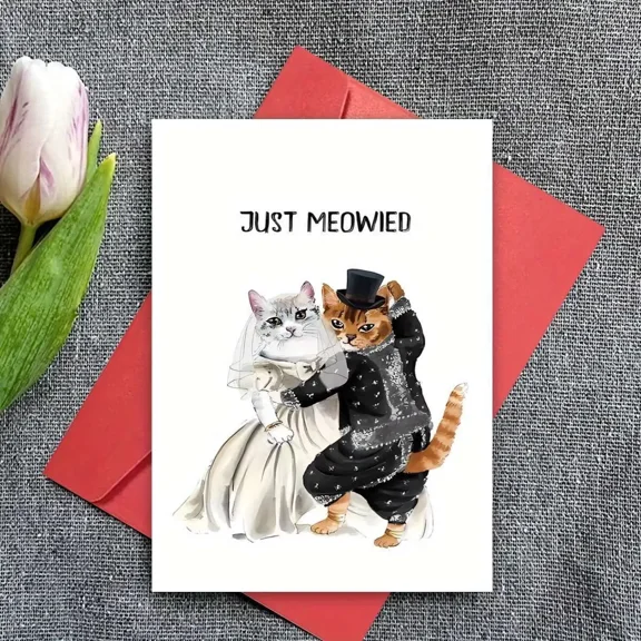 Cat Wedding Card "Just Meowied" Design Perfect for Newlyweds, Engagements, or Anniversaries Envelope Included, Blank Inside