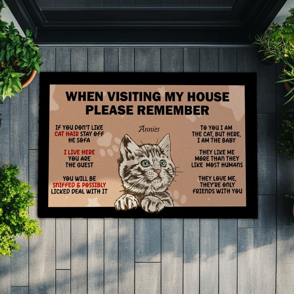 Cat Welcome Doormat – When Visiting My House Please Remember Tabby Kitten Design, Personalized Non-Slip Rug for Cat Lovers, Pet-Friendly Homes and Guest Entryways