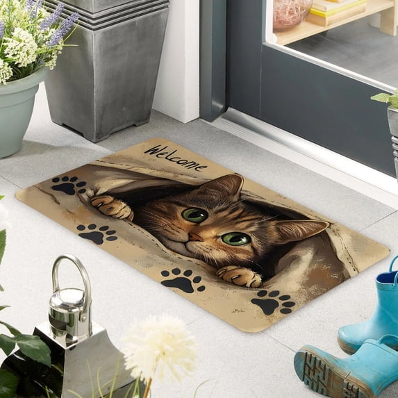 Cat Welcome Mats For Front Door, Cat Door Mat Outside Entrance Indoor Outdoor Entryway, Black Kitty Doormat, 15.8×23.6 Inch