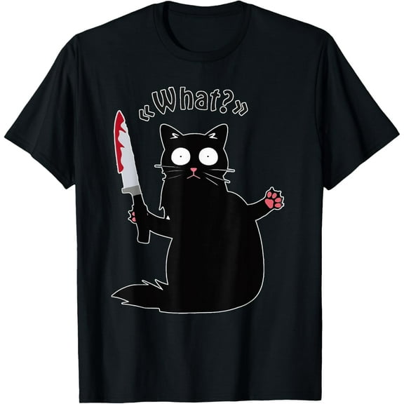 Cat What? Funny Black Cat Shirt, Murderous Cat With Knife T-Shirt Tops Tee