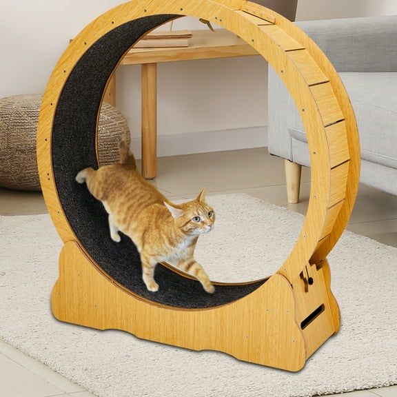 Cat Wheel Exerciser for Indoor Cats, 43.3-inch Large Cat Exercise Wheel for Running Silent, Cat Treadmill with Safety Lock for Cat's Fitness and Health, Natural Wood