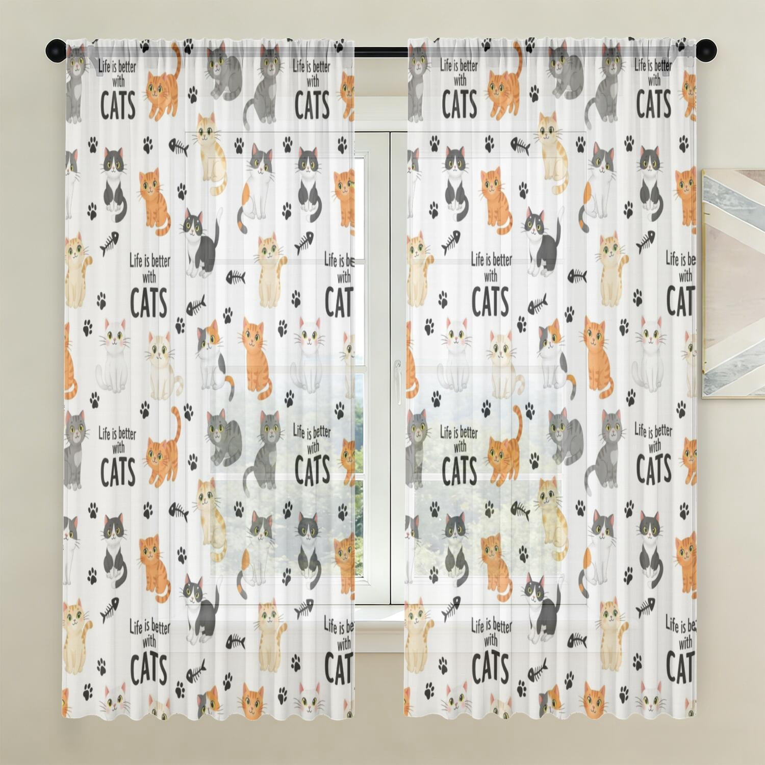 White Electronic Pattern Cat White Pattern Sheer Curtains, Sheer Window Panels with Dual Rod ...