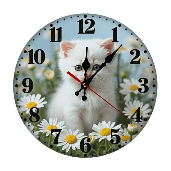 Cat White Wall Clock 10 Inch Silent Non Ticking Round Clock Decoration for Living Room Kitchen Bedroom Bathroom Office Classroom