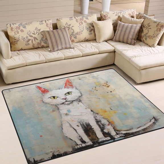 Cat White in Blue Wall Area Rug Washable 80 x 58 Floor Carpet Mat Non Slip for Bedroom Living Room Home Decor