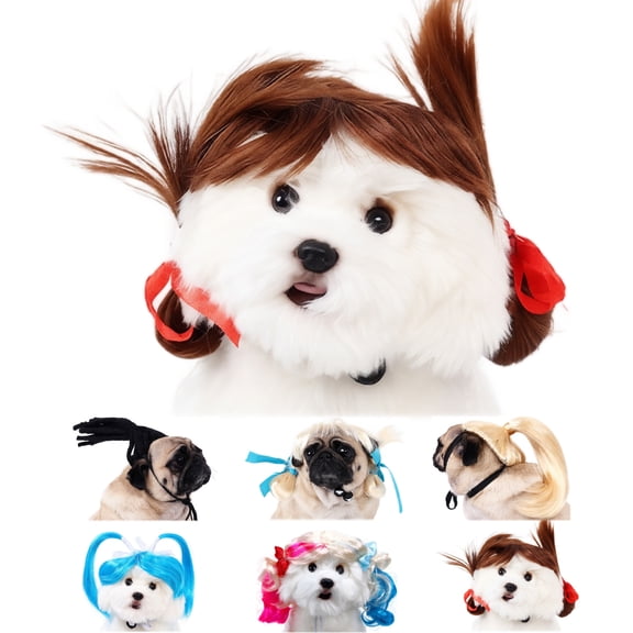 Cat Wig Pet Wig Dog Costume Cat Apparel Curly Braids Headgear Styling Accessory for Small Medium Large Dogs Adjustable Elastic Band Trimmable for Halloween Christmas Parties,B