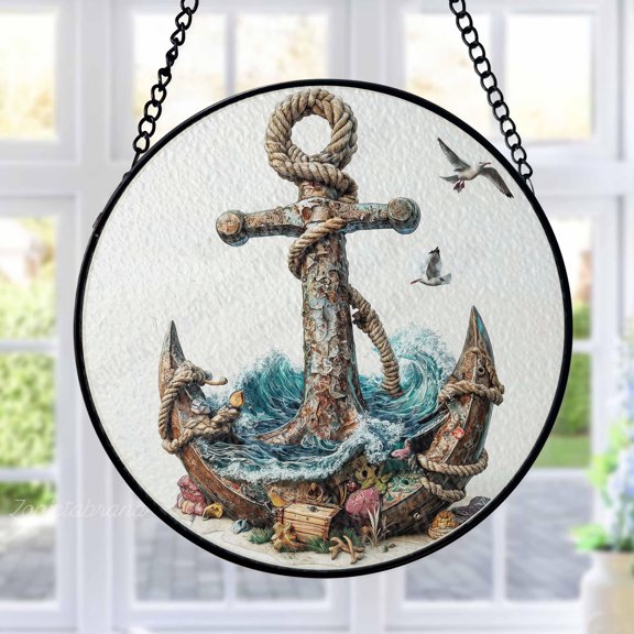 Anchor Stained Glass Suncatcher Metal Outdoor Decor Nautical Ocean Rusty Bronze Finish