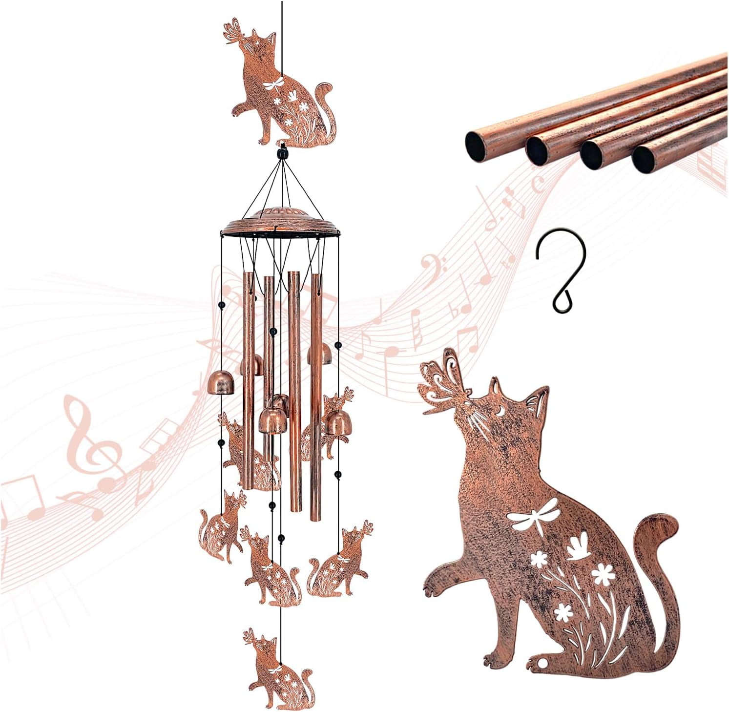 Cat Wind Chimes Outdoor Metal, Handmade Garden Windchime with Aluminum Tubes Bells, Antique Bronze Cat Decor for Patio Porch Yard, Cat Lover Gifts for Women Men(wwx)