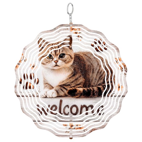 Cat Wind Spinner Metal Outdoor Decor Rustic Farmhouse Brown White