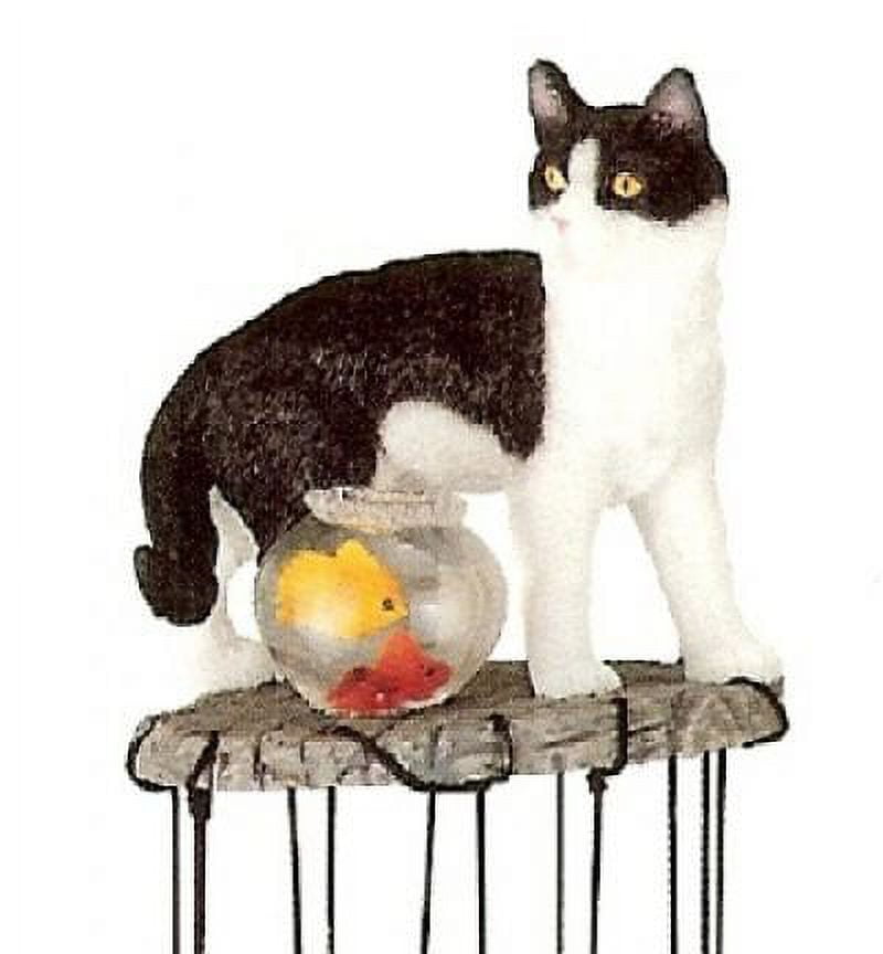 Black and White Cat with Fishbowl Wind Chime Figurine