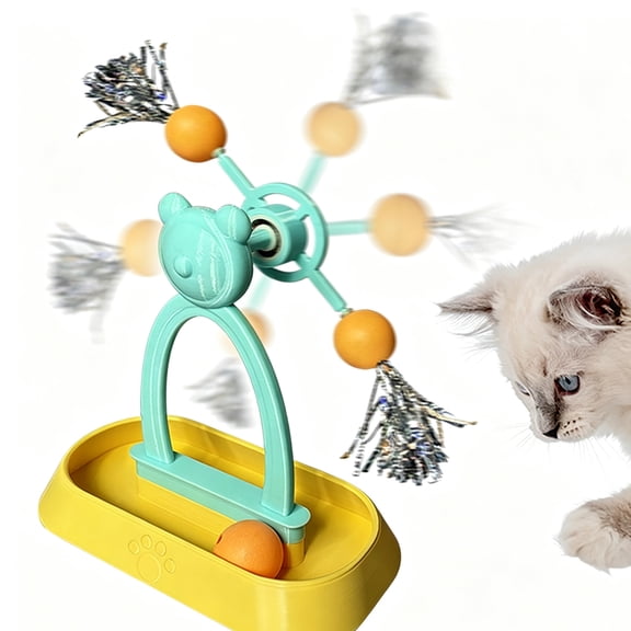 Cat Windmill Spinning Track Ball Toy, 360 Rotating Tinsel Teaser Interactive Turntable Toy, Non-Slip Base Multi-Cat Enrichment Play Toy, Stress Relief Mental Stimulation Toy for Kitten Indoor Cats