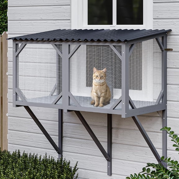 Cat Window Box, 43.3" Catio Outdoor Cat Enclosure for Sunbathing, Napping & Overlooking, Sturdy Window Perch for Large Indoor Cats - All Weather Use, Nature Friendly Design