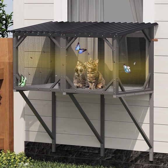 Cat Window Box, 43.3" Catio o Outdoor Cat Enclosure for Sunbathing, Napping & Bird Watching, Wood Cat Window Perch with Mosquito Net Window Catio for Indoor Cats