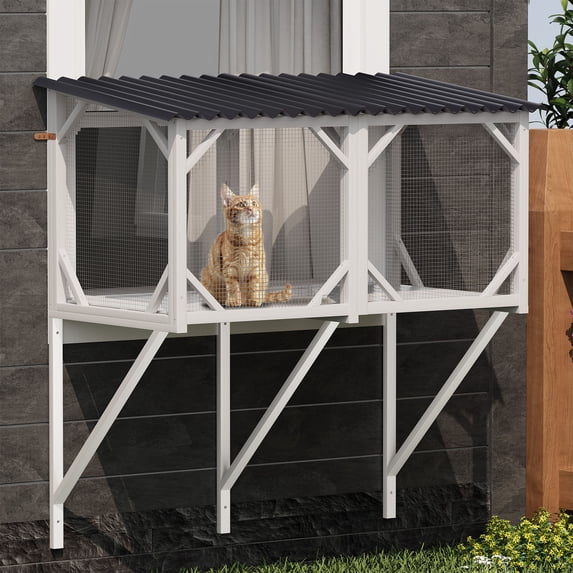 Cat Window Box 43.3 Inch with Waterproof Roof for Safe Outdoor Viewing & Napping - Strong Spruce Wood Catio for Large Cats