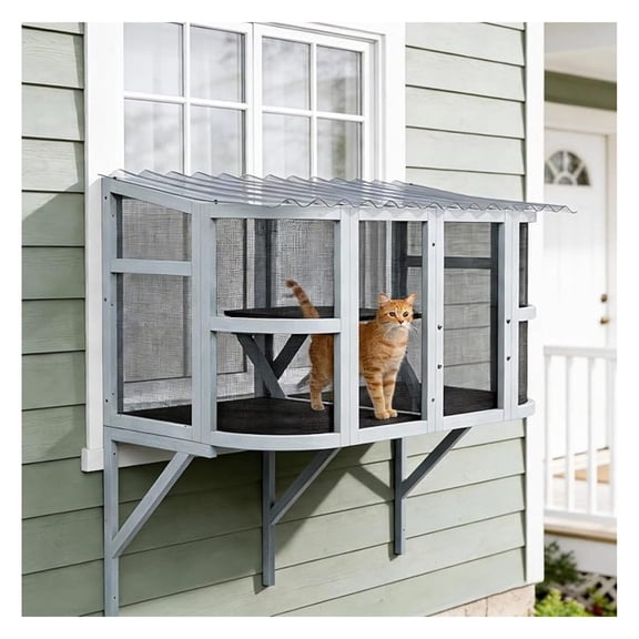 Cat Window Box with Bug Proof Metal Mesh, Outdoor Enclosure for Indoor Cats, Wooden Expandable Window Perch for Transparent Roof, Curved Contours, Sunbathing, Napping, Overlooking