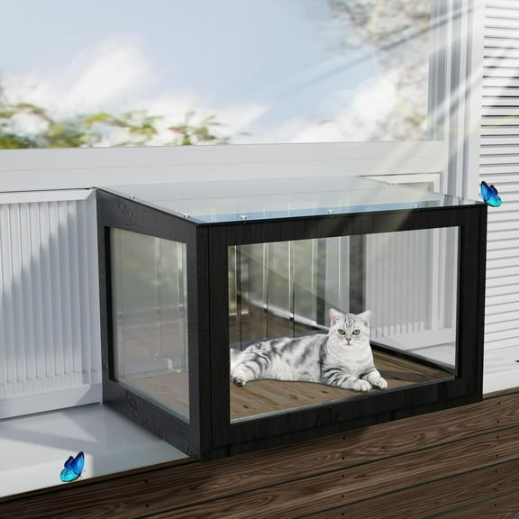Cat Window Box Perch Weatherproof Window Catio Cat Enclosure Bug Proof Wire Grid Fits Double Hung Frames 25.4" to 43.3" Wide