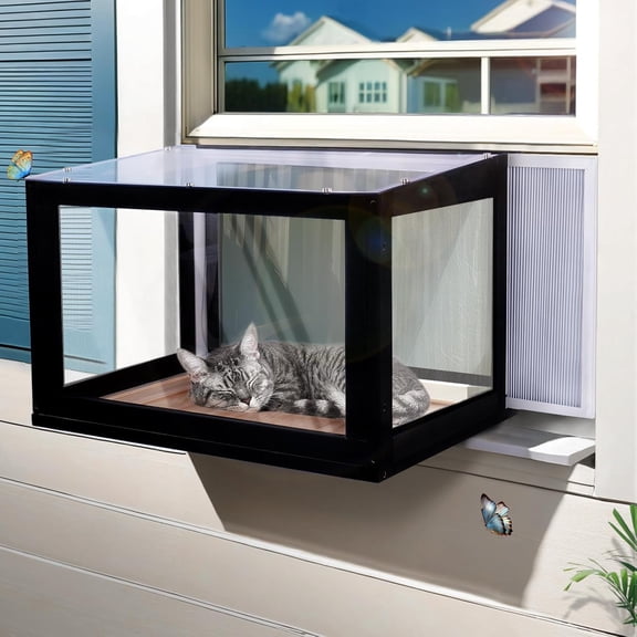 Cat Window Box Weatherproof Outdoor Cat Enclosure Window Catio Perch Bug Proof Wire Mesh Transparent Top and Front, for Indoor Cats Sunbathing, Napping, Playing, Black(No PVC Panel)