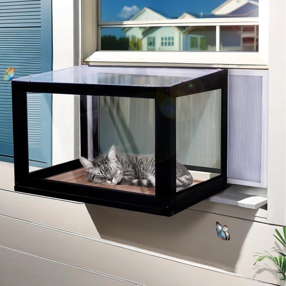 Cat Window Box Weatherproof Outdoor Cat Enclosure Window Catio Perch Bug Proof Wire Mesh Transparent Top and Front with Removeable PVC Panels, for Indoor Cats Sunbathing, Napping, Playing