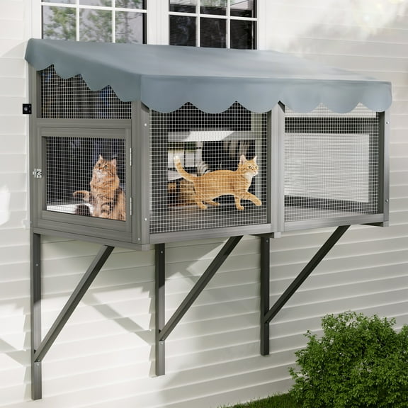 Cat Window Enclosure, Catio for Indoor Cats, Expandable Wooden Window Perch House with Oxford Fabric Roof, Secure Outdoor Haven for Multiple Kittens, Bird Watching Pet Playpen, Gray