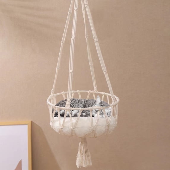 Cat Window Hammock Bed for Large Cats, Macrame Hanging Cat Perch with Washable Mat, Space Saving Window Mounted Cat Seat for Indoor and Outdoor Use