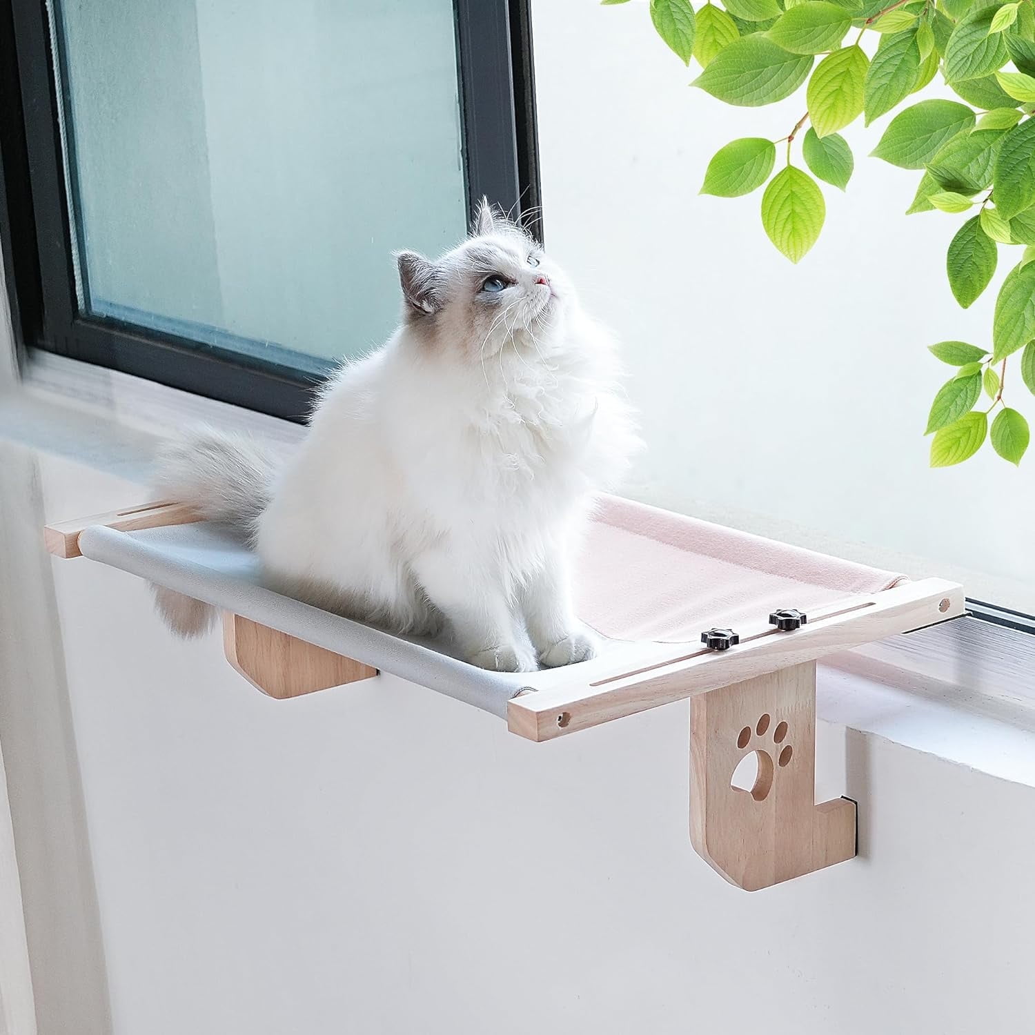 Liraviva Cat Window Perch – Pink Gray Canvas Perch for Extra-Large Cats – Spacious, No Drill Mount, Washable (Large)