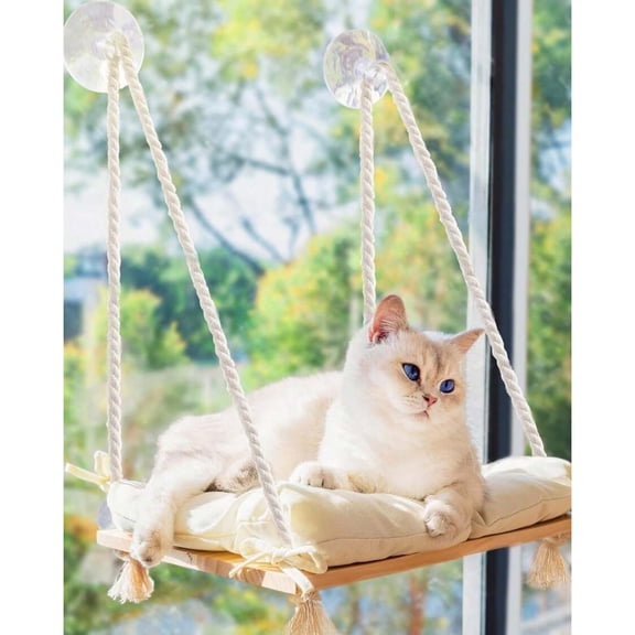 Cat Window Hammock, Solid Wood Seat with Strong Suction Cups, Hanging Cat Bed Furniture for Small to Medium Indoor Cats
