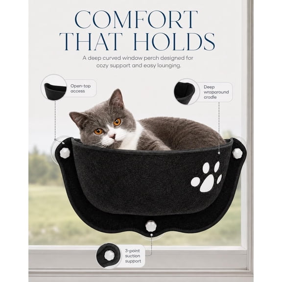 Cat Window Hammock with Suction Cups, Soft Felt Cat Window Perch Bed for Indoor Cats, Hanging Cat Seat with 3 Point Mounting Support for Home and Car Window