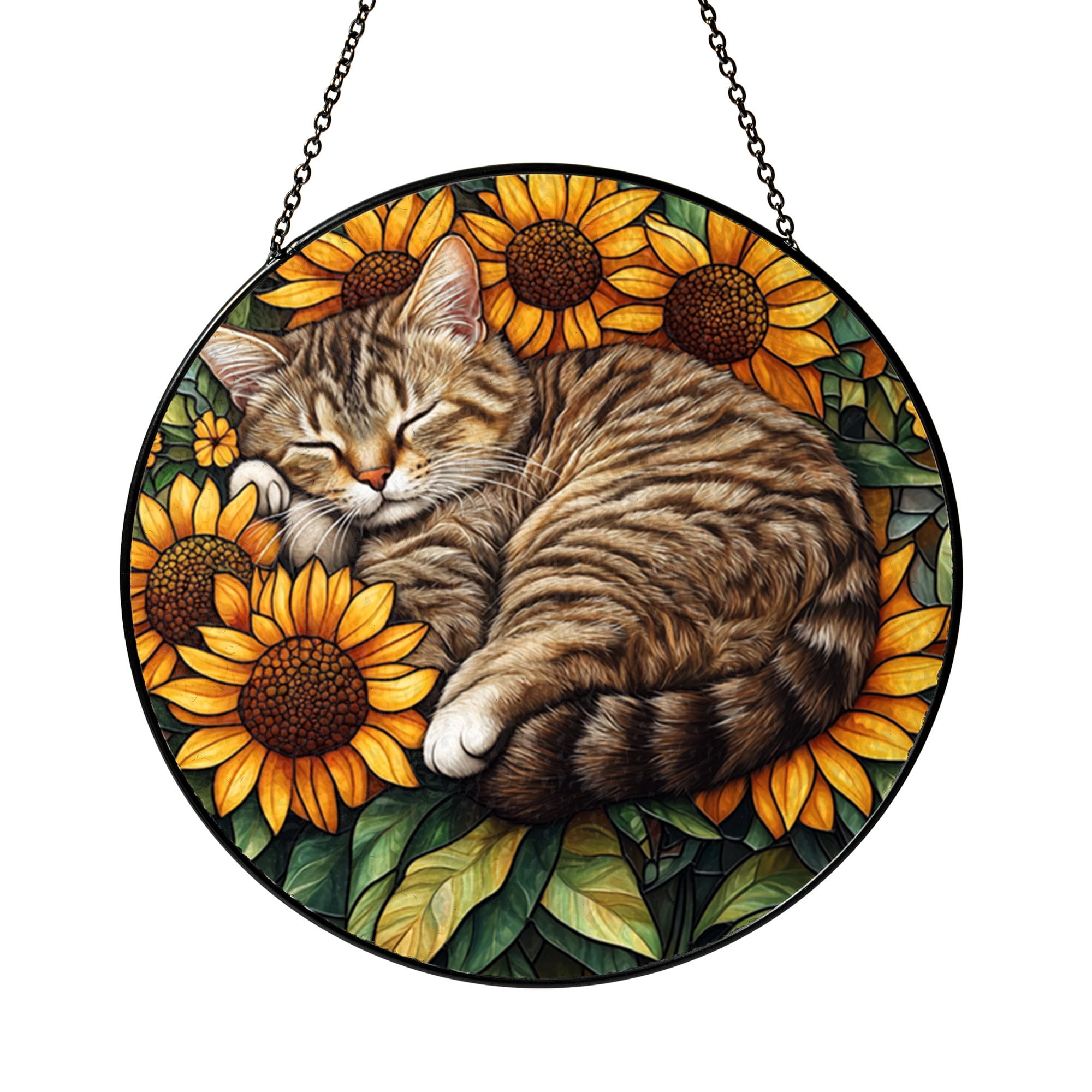 Cat Window Hanging Stained Glass Sun Catcher, Tabby Sleeping Design ...