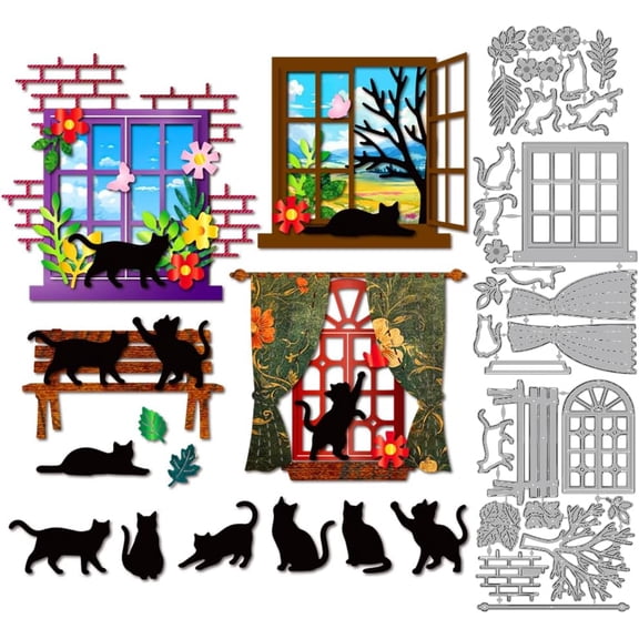 Cat Window Metal Cutting Dies Curtain Windows Frame Die Cuts Flower Leaf Embossing Template Cat Bench Carbon Steel Stencils for DIY handcrafting