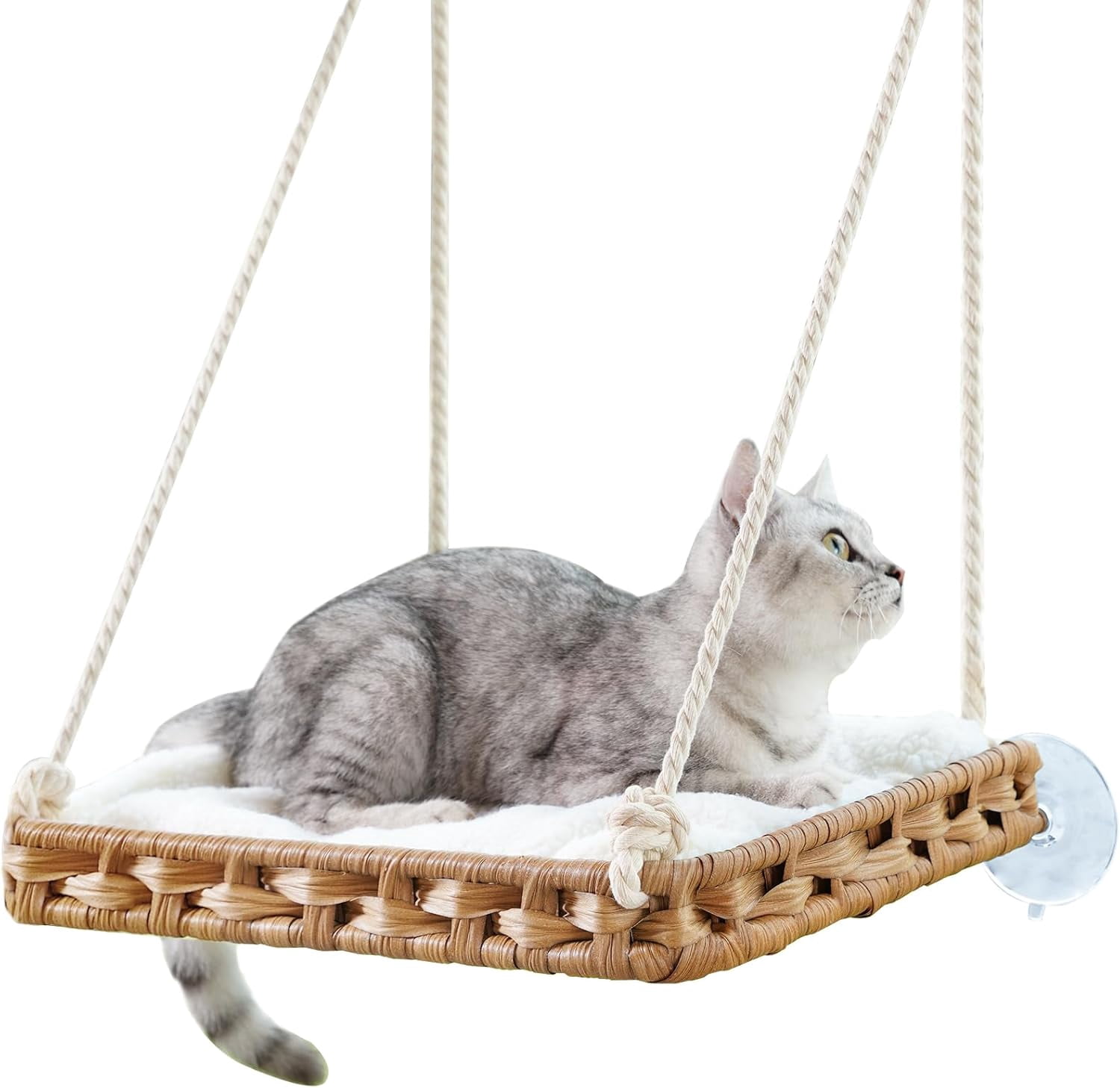 Cat Window Perch 2 Pack,Cat Window Hammock Bed for Indoor Cats,Large Handwoven PE Rattan Window Seat,4 Suction Cups,Double Sided Washable Cushion Bed, Pet Kittens Natural